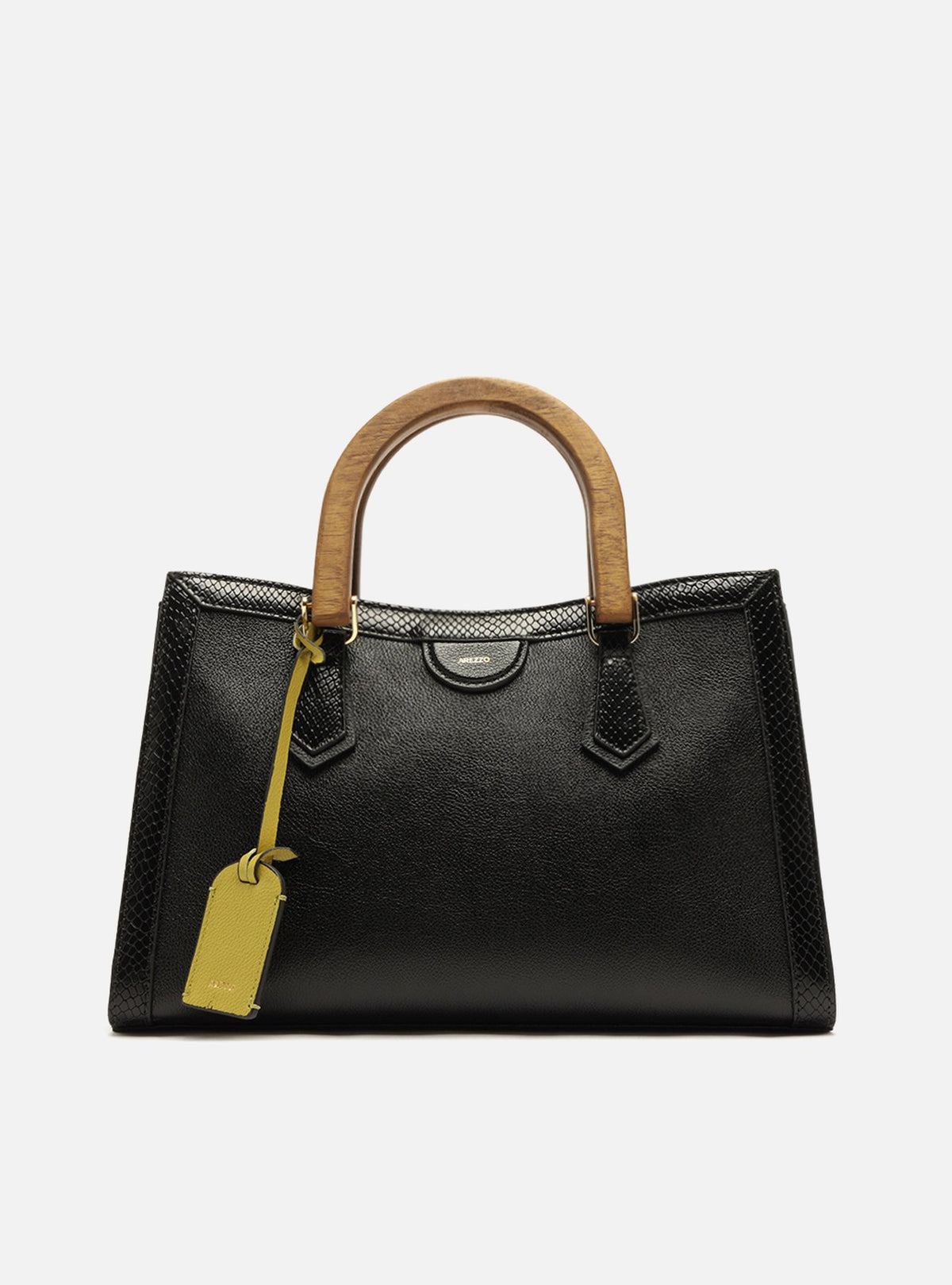 Bolso Tote Negro Cuero Média Alça Madera - ARZ