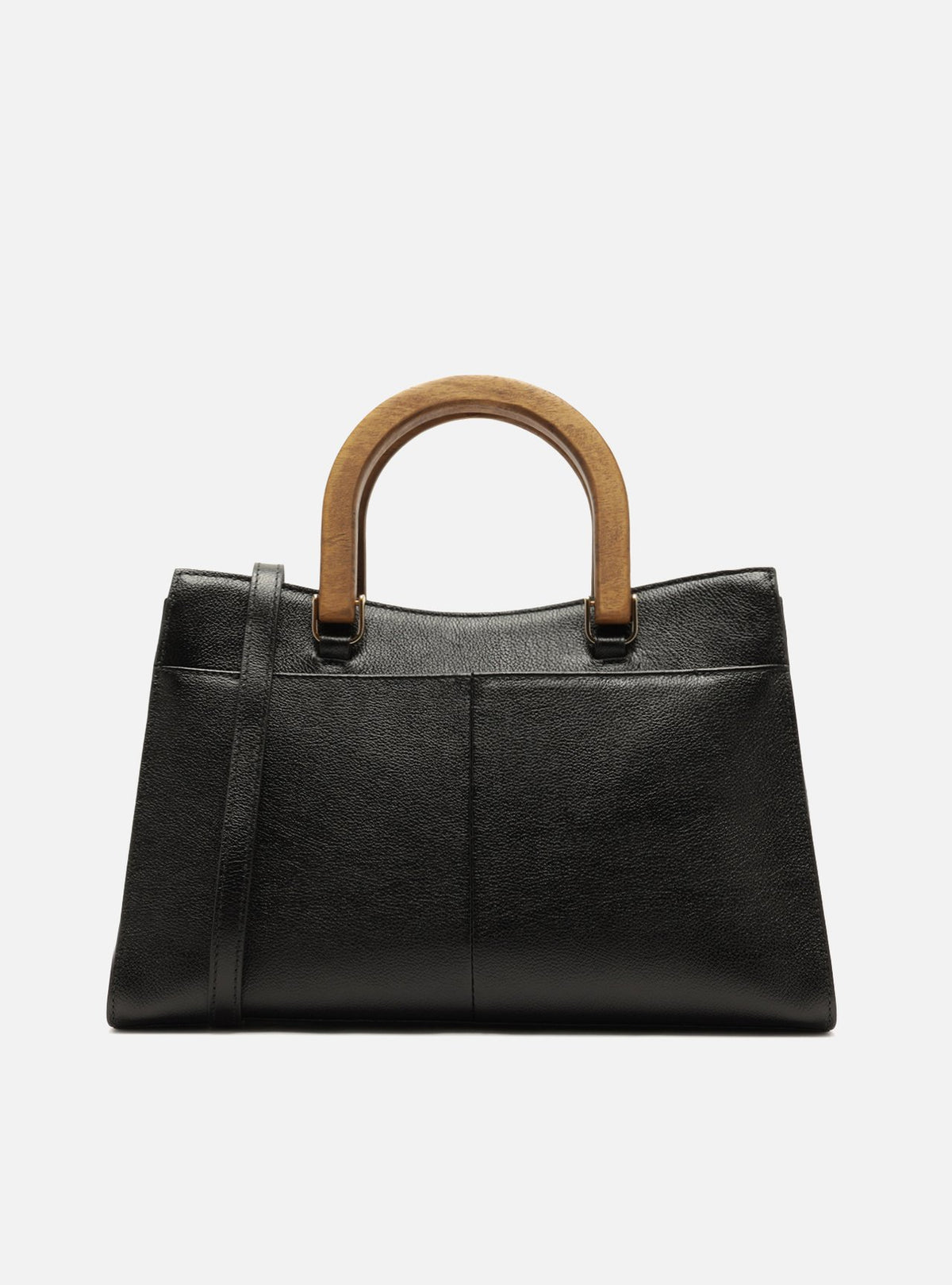 Bolso Tote Negro Cuero Média Alça Madera - ARZ
