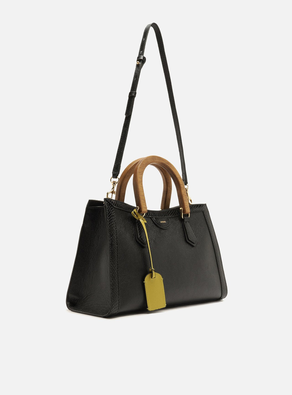 Bolso Tote Negro Cuero Média Alça Madera - ARZ