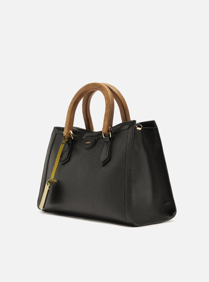 Bolso Tote Negro Cuero Média Alça Madera - ARZ