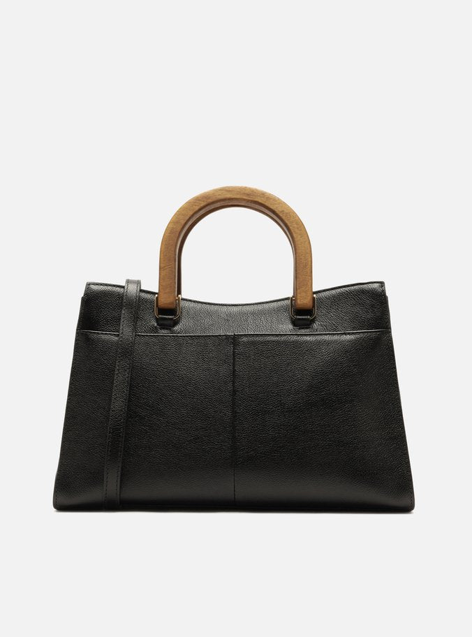 Bolso Tote Negro Cuero Média Alça Madera - ARZ