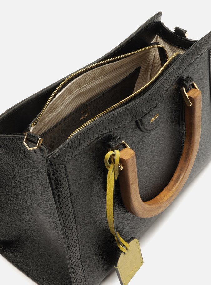 Bolso Tote Negro Cuero Média Alça Madera - ARZ