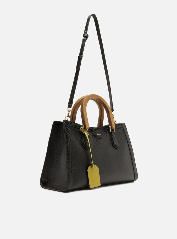 Bolso Tote Negro Cuero Média Alça Madera - ARZ