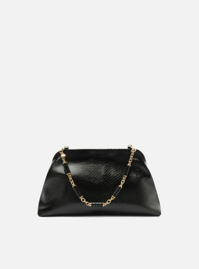 Bolso Clutch Negro Cuero Média Snake Cadena - ARZ