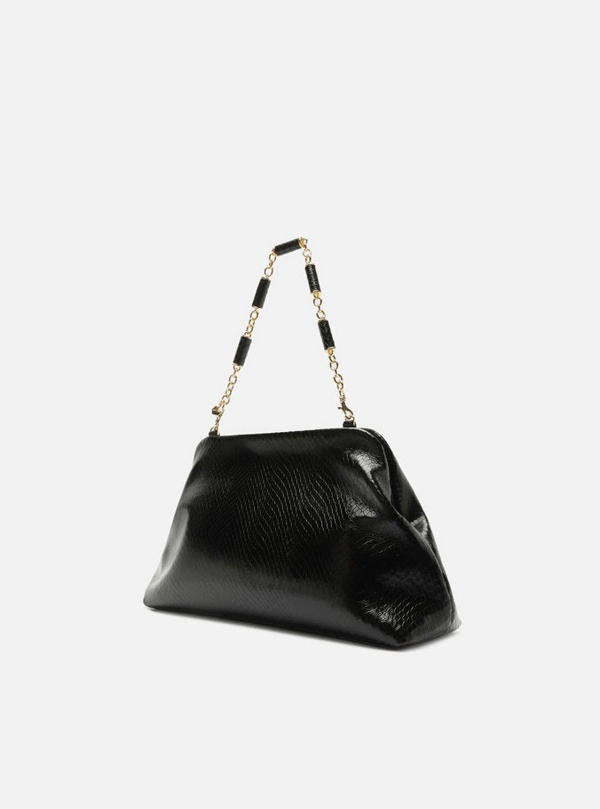 Bolso Clutch Negro Cuero Média Snake Cadena - ARZ