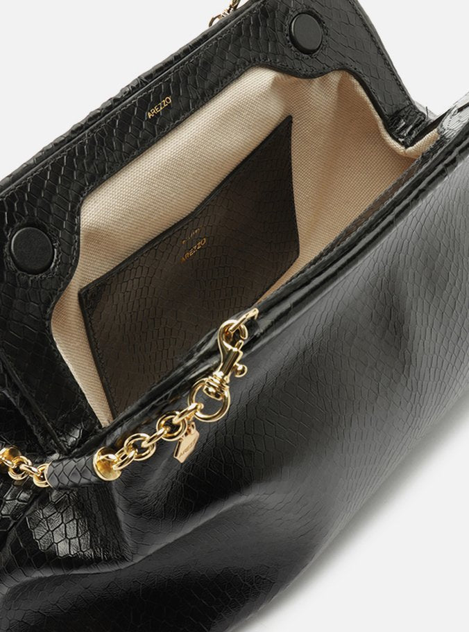Bolso Clutch Negro Cuero Média Snake Cadena - ARZ