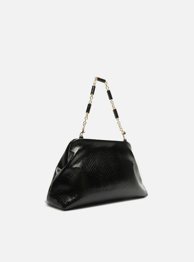 Bolso Clutch Negro Cuero Média Snake Cadena - ARZ