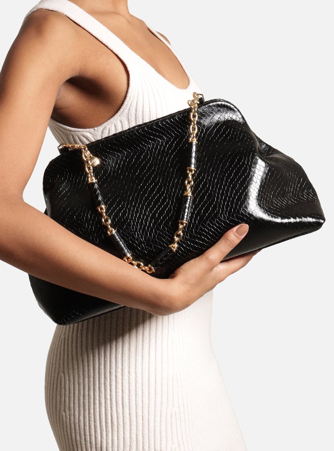 Bolso Clutch Negro Cuero Média Snake Cadena - ARZ